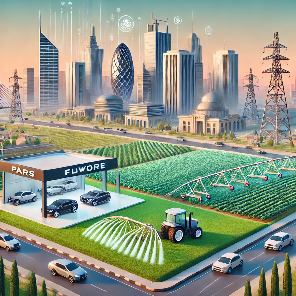 A modern cityscape of Baghdad featuring a car showroom, advanced irrigation systems in a field, and a tech training centre. The background includes Baghdad’s skyline, symbolising Iraq's economic growth.