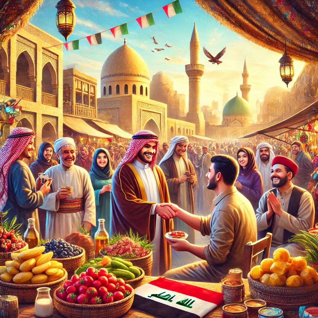 A lively marketplace in Iraq with locals dressed in traditional attire, warmly greeting a tourist. The scene captures the bustling market filled with colorful stalls offering spices, fruits, and handmade goods. Traditional Middle Eastern architecture surrounds the area, and historical landmarks like the Erbil Citadel or ancient mosques can be seen in the background. Smiling Iraqis are offering food, reflecting the country's famous hospitality and welcoming atmosphere.
