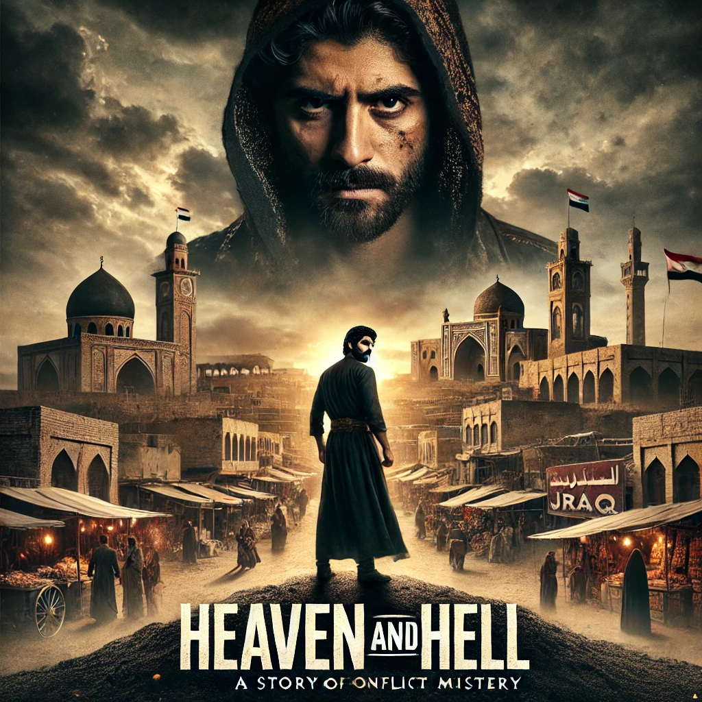 artistic representation inspired by the Iraqi drama Heaven and Hell, depicting the key themes of conflict, mystery, and the southern Iraqi setting.